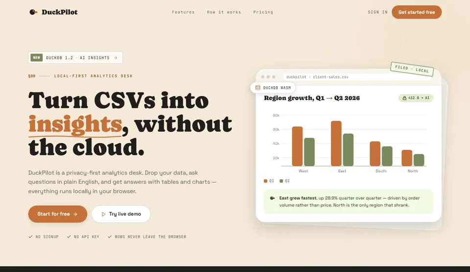 DuckPilot landing page: turn CSVs into insights, without the cloud